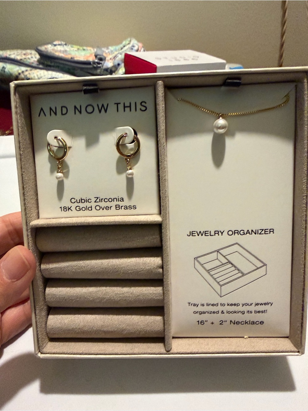 And Now This 18K Gold Plated Pearl Necklace Earrings Jewelry Set w/ Organizer